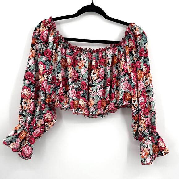 Off-Shoulder Neckline Cropped Top Women's 2XL Multicolor Floral Boho Chic Flowy - Picture 4 of 7